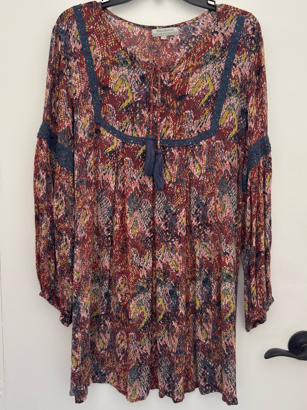 World Market Burgundy Multi-Color Boho Midi Dress with Navy Trim artsy travel